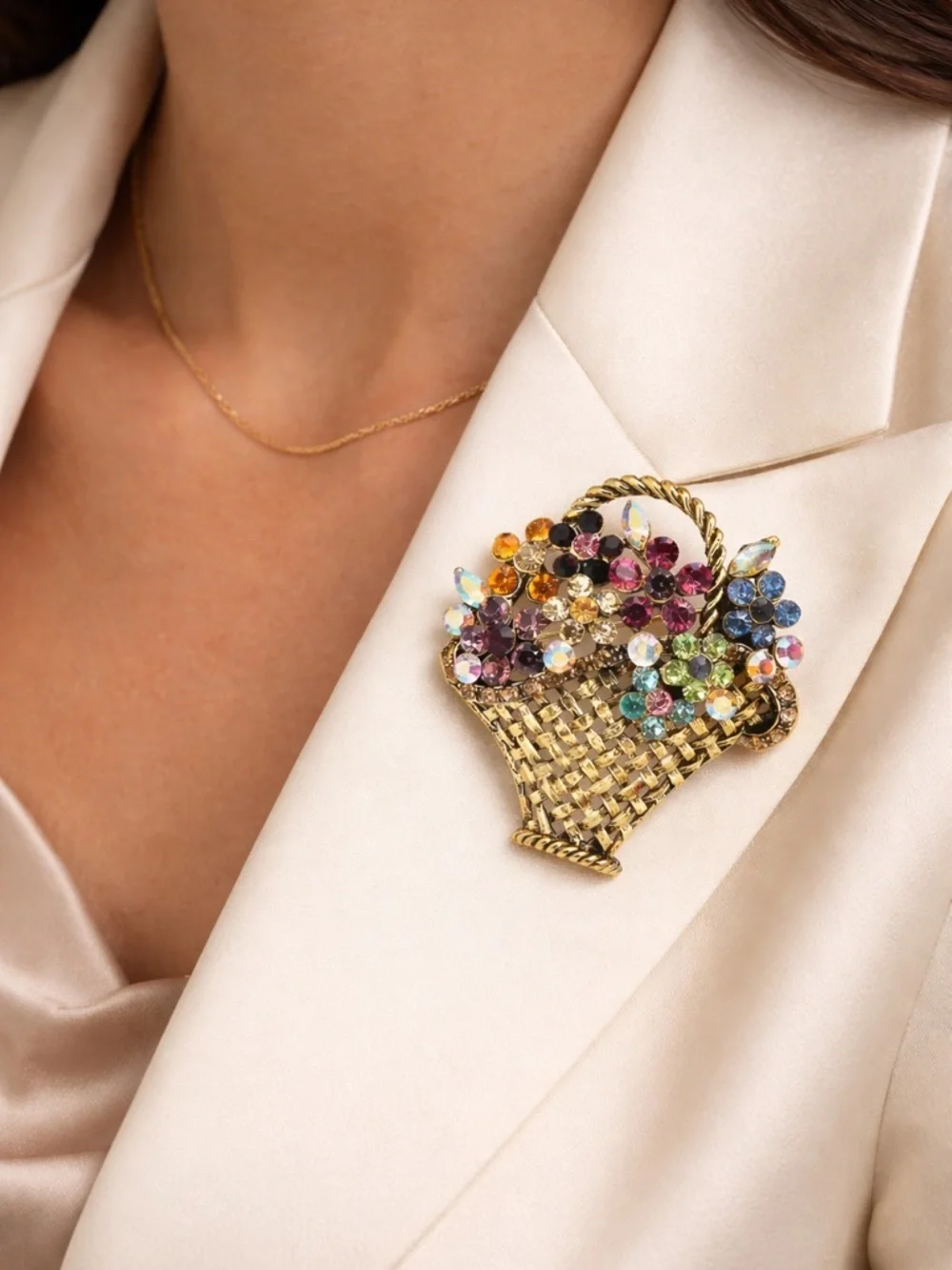 Vintage Gold Floral Basket Brooch Multicolor Crystal Luxury Statement Pin